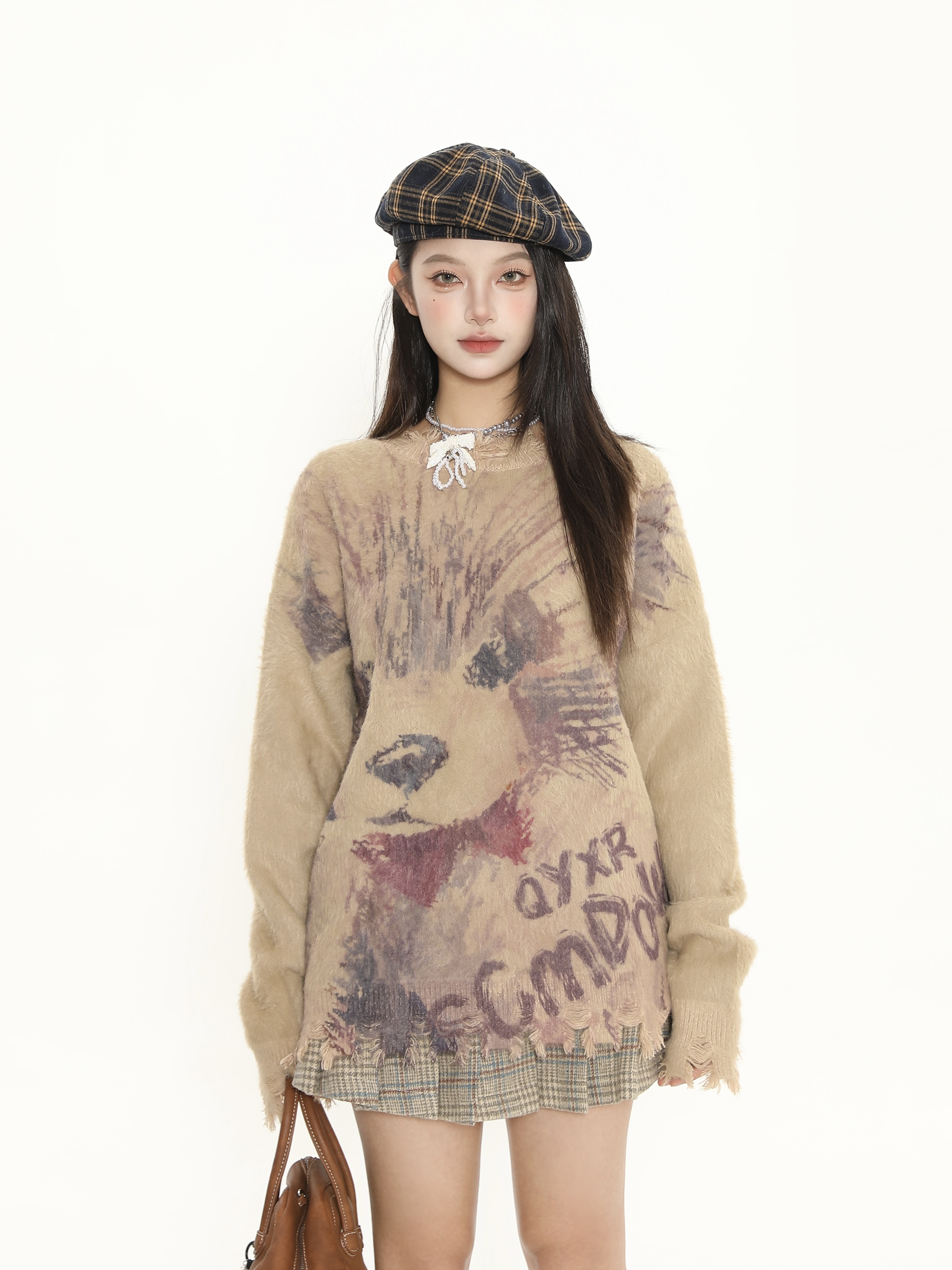 Cute Big Dog Print Loose Sweater for Women - Irregular Fringe Knit Top for Autumn Winter Casual Style Cute Big Dog Print Loose Sweater for Women - Irregular Fringe Knit Top for Autumn Winter Casual Style