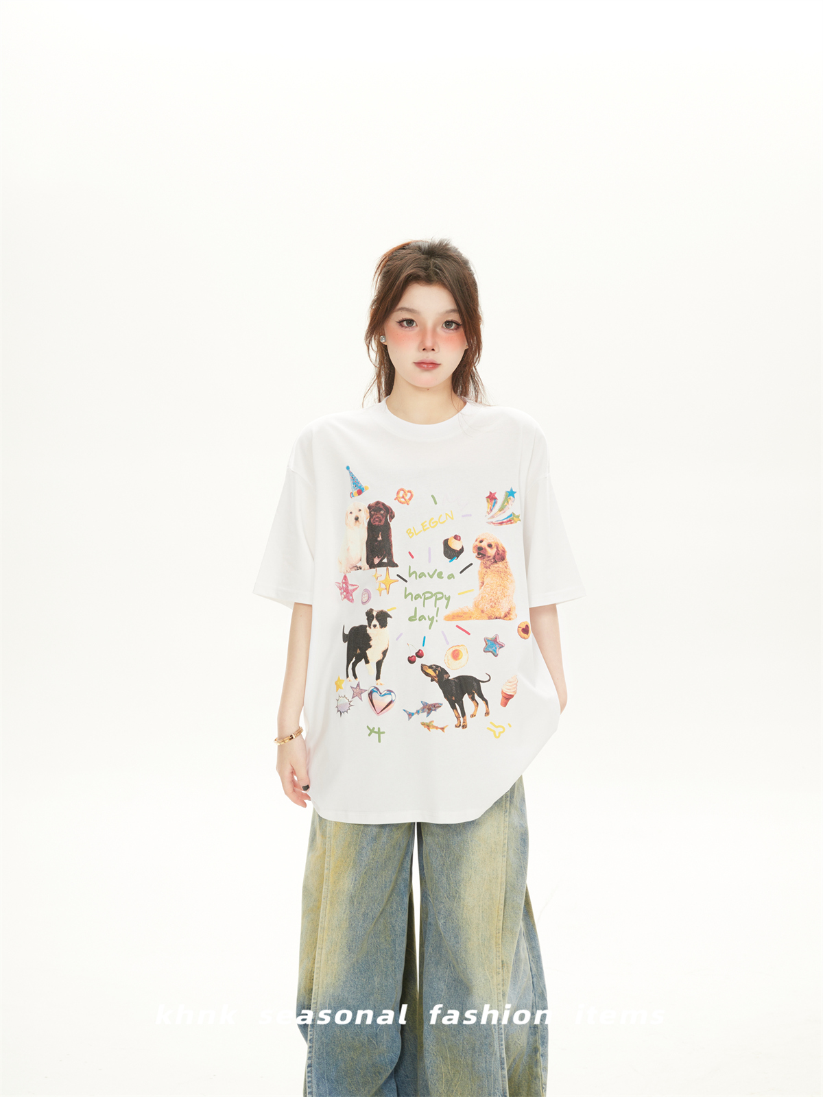 Cute Cartoon Dog Print White Short-Sleeve T-Shirt for Women - American Style Casual Summer Top 2025