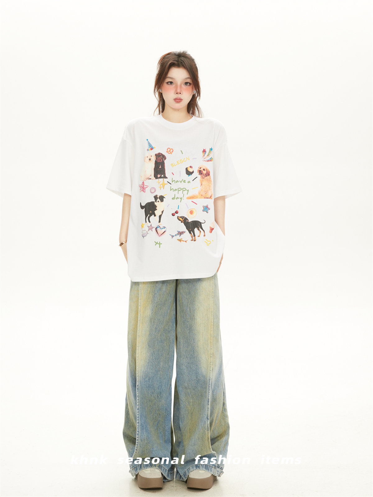 Cute Cartoon Dog Print White Short-Sleeve T-Shirt for Women - American Style Casual Summer Top 2025 Cute Cartoon Dog Print White Short-Sleeve T-Shirt for Women - American Style Casual Summer Top 2025