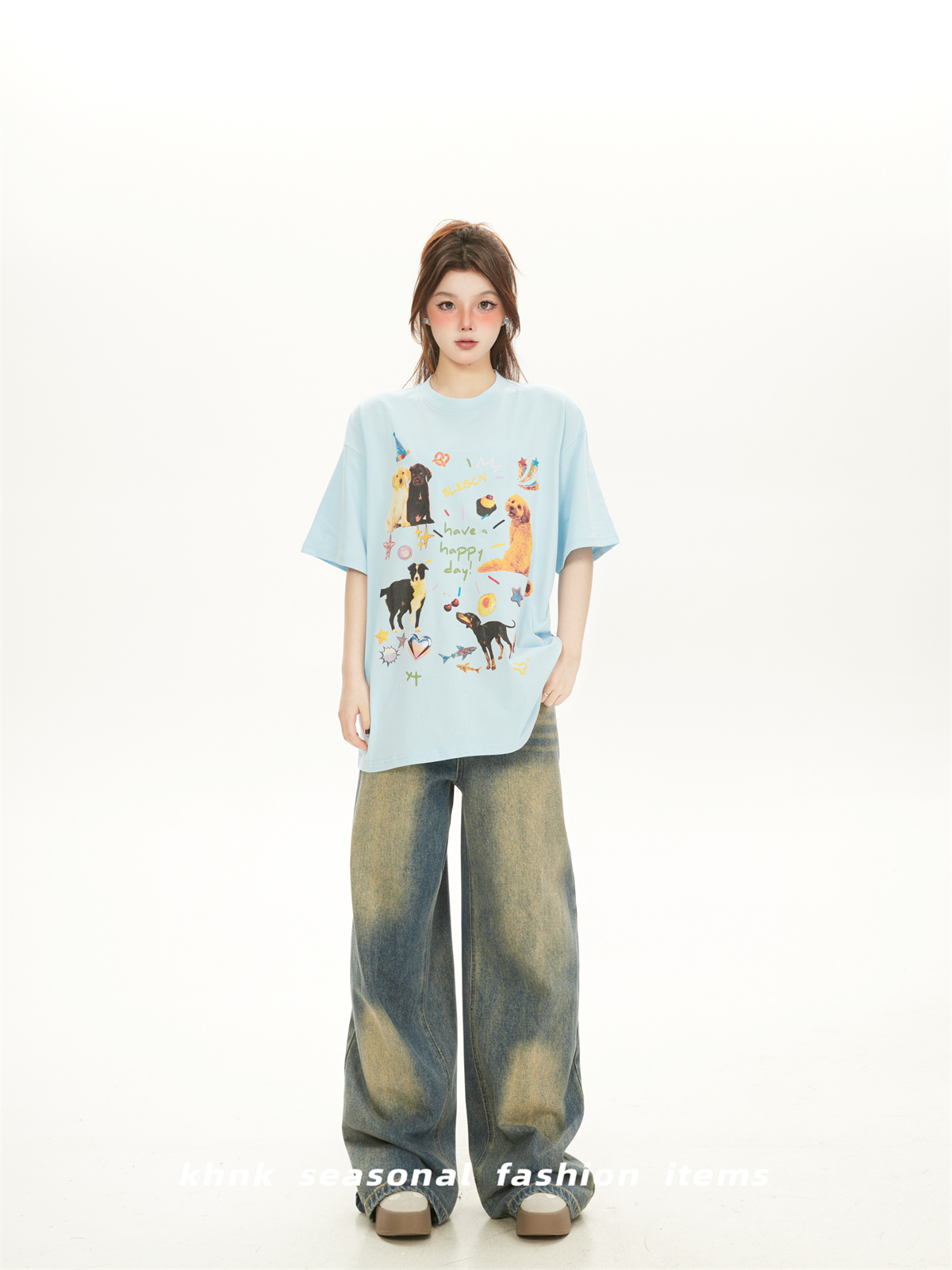 Cute Cartoon Dog Print White Short-Sleeve T-Shirt for Women - American Style Casual Summer Top 2025