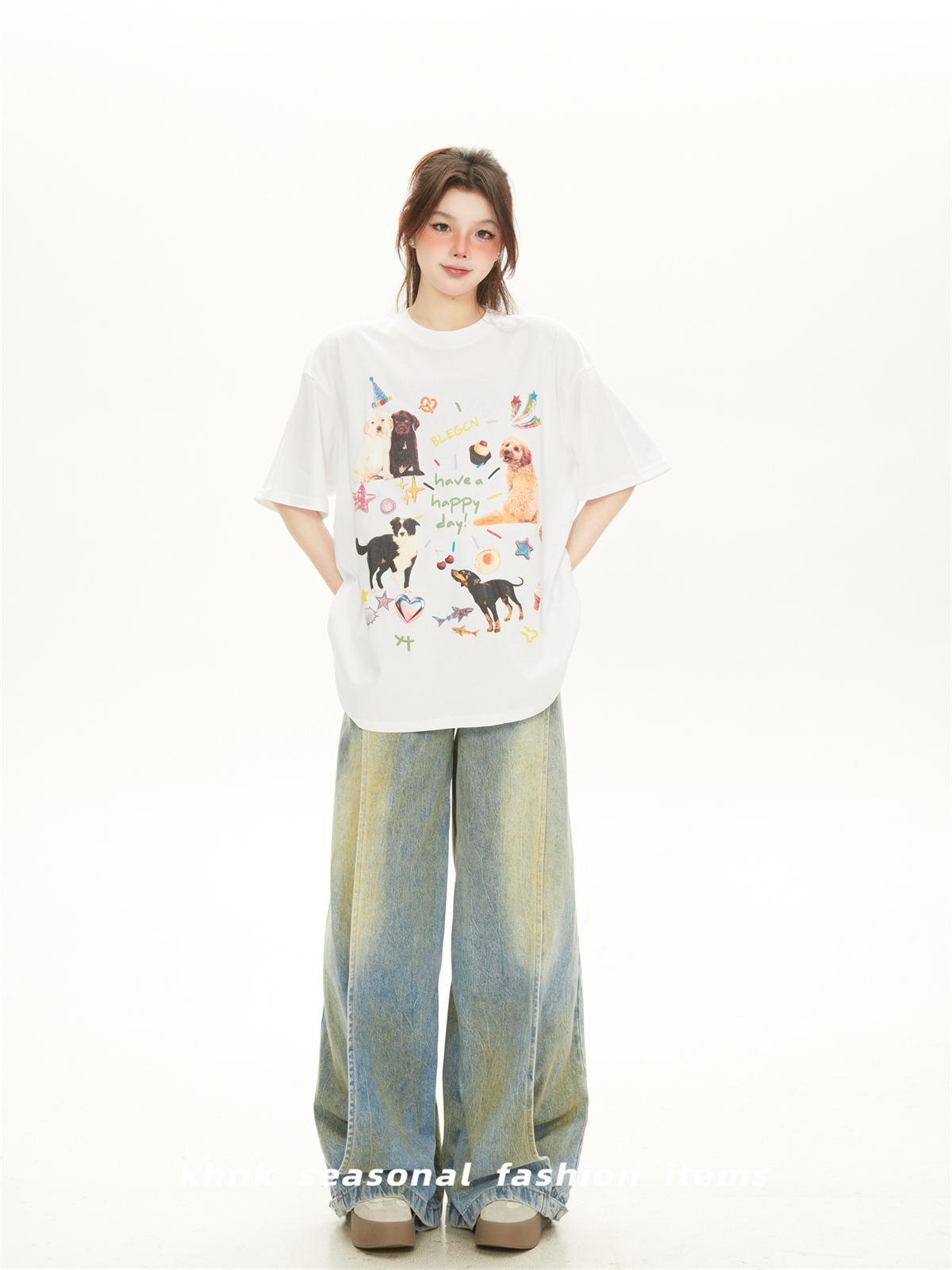 Cute Cartoon Dog Print White Short-Sleeve T-Shirt for Women - American Style Casual Summer Top 2025 Cute Cartoon Dog Print White Short-Sleeve T-Shirt for Women - American Style Casual Summer Top 2025