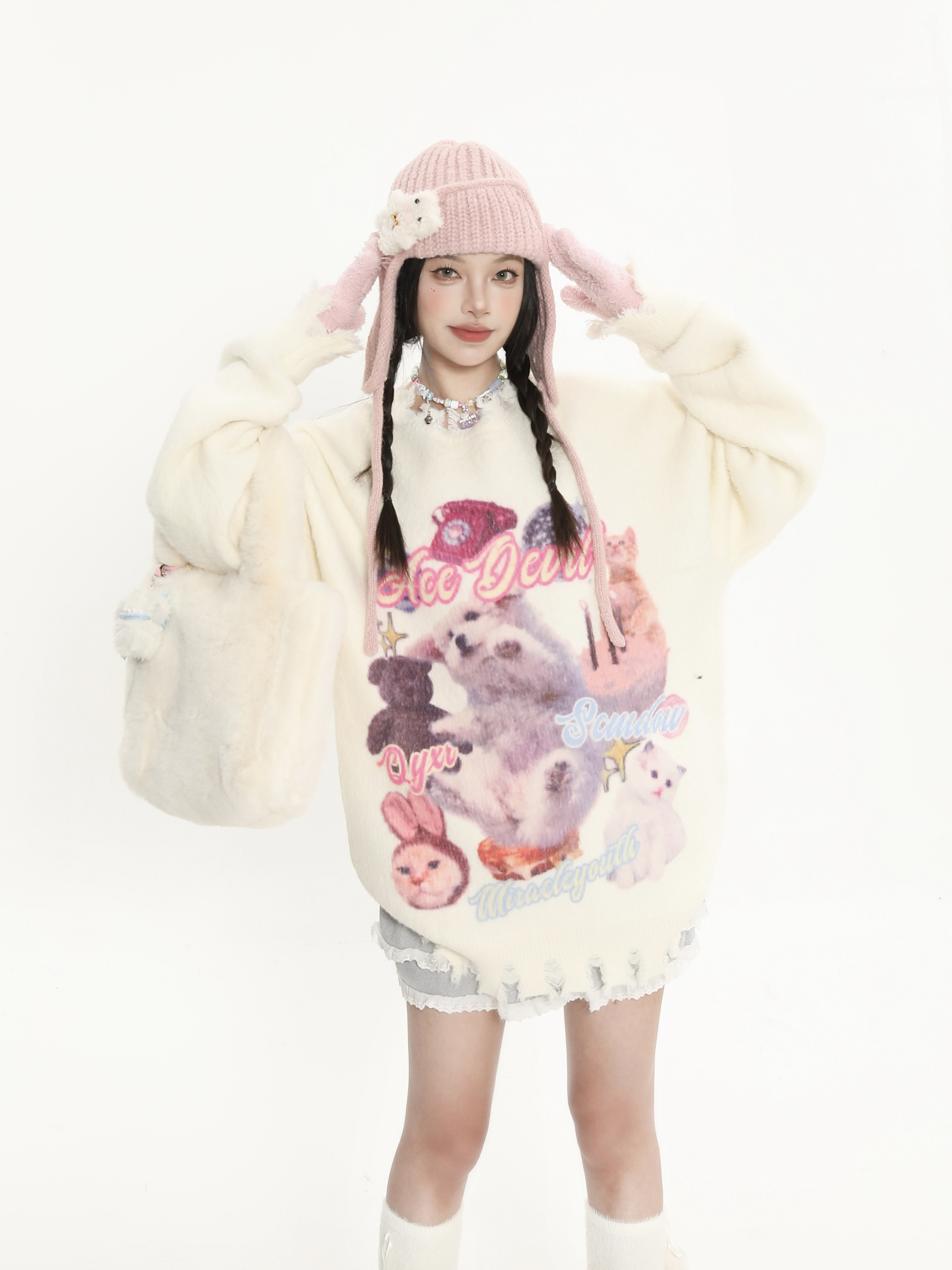 Cute Cartoon Print Knitted Top for Cats and Dogs, Loose Fit Soft Sweater for Women, Cozy Autumn Winter Fashion