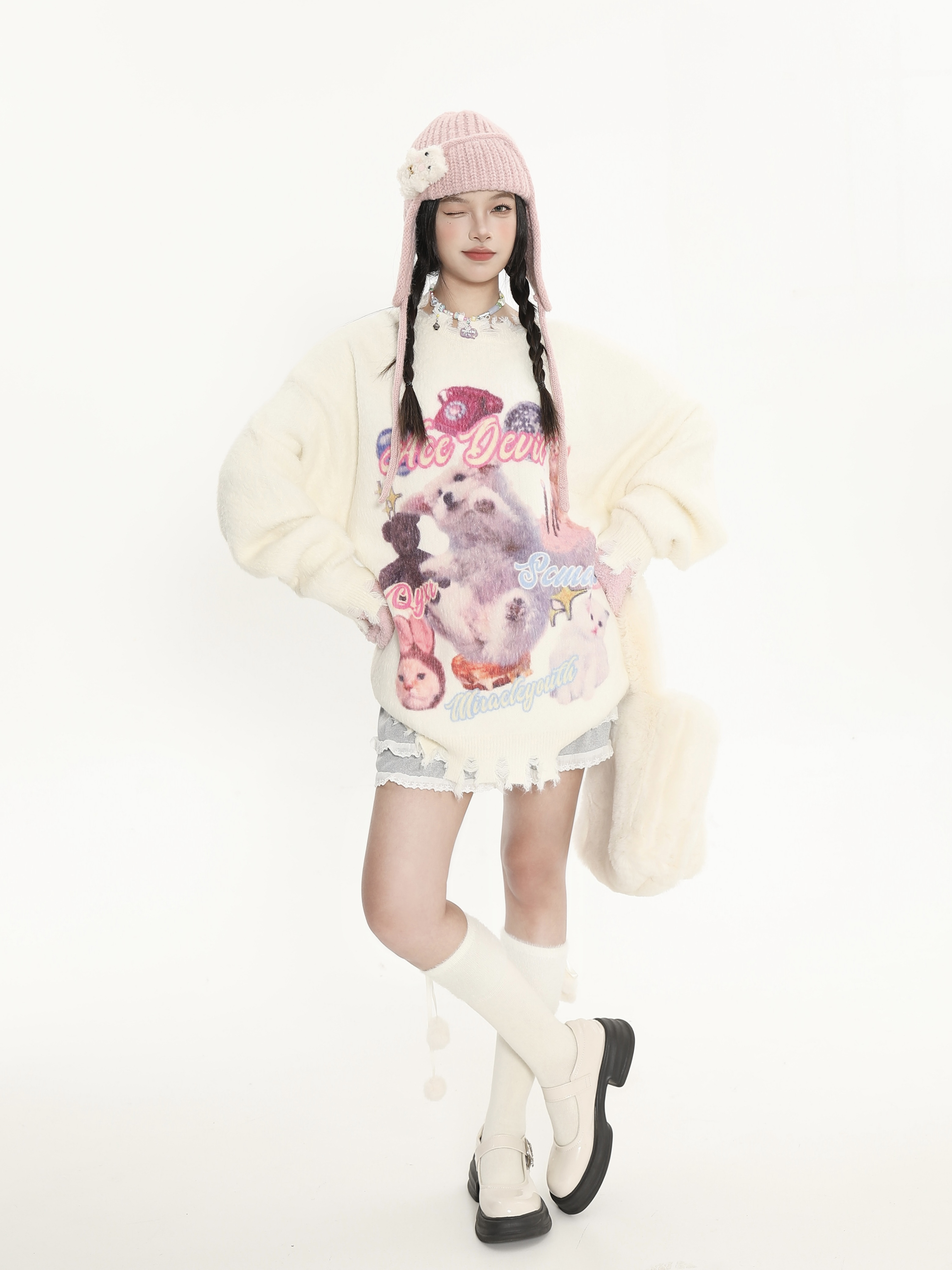 Cute Cartoon Print Knitted Top for Cats and Dogs, Loose Fit Soft Sweater for Women, Cozy Autumn Winter Fashion Cute Cartoon Print Knitted Top for Cats and Dogs, Loose Fit Soft Sweater for Women, Cozy Autumn Winter Fashion