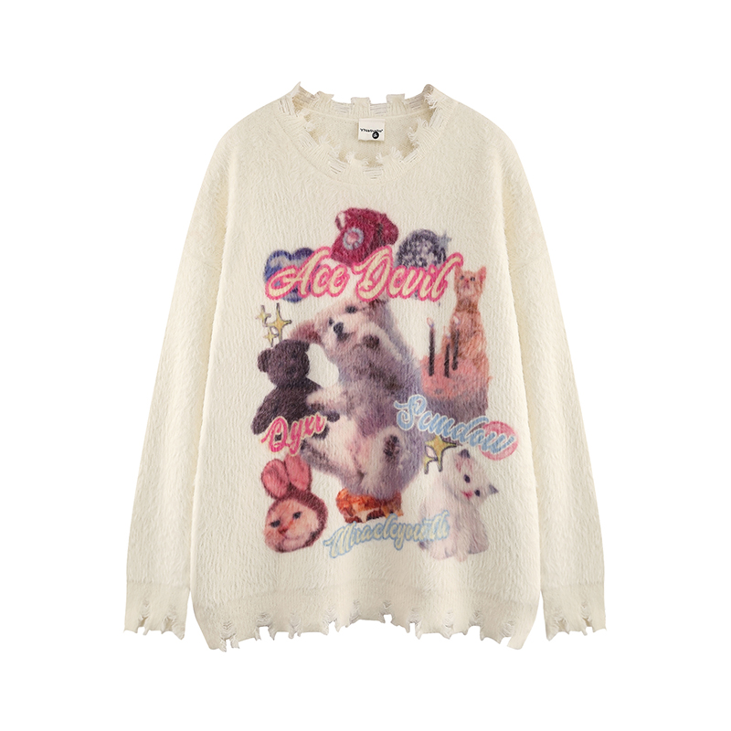 Cute Cartoon Print Knitted Top for Cats and Dogs, Loose Fit Soft Sweater for Women, Cozy Autumn Winter Fashion