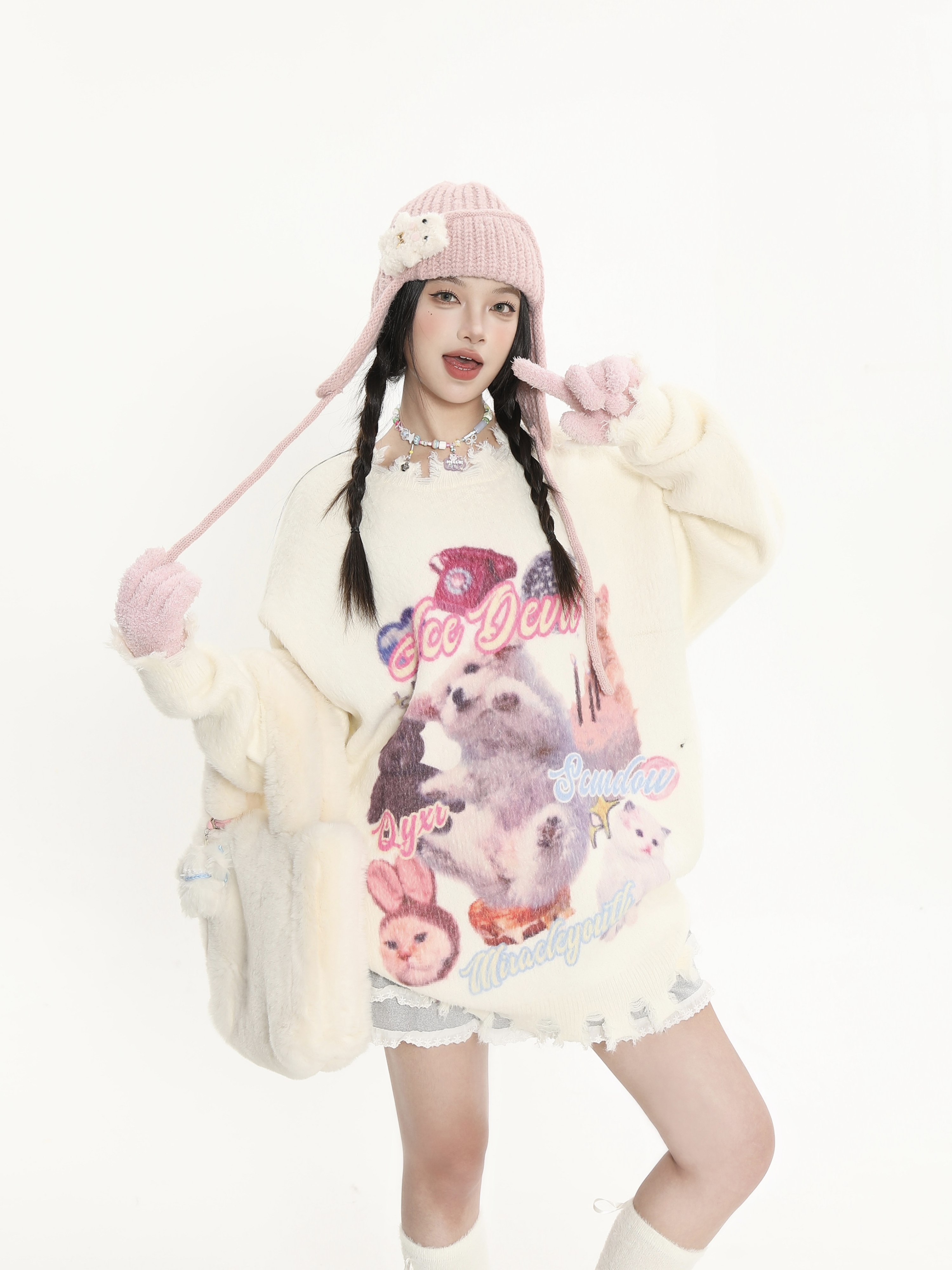 Cute Cartoon Print Knitted Top for Cats and Dogs, Loose Fit Soft Sweater for Women, Cozy Autumn Winter Fashion Cute Cartoon Print Knitted Top for Cats and Dogs, Loose Fit Soft Sweater for Women, Cozy Autumn Winter Fashion