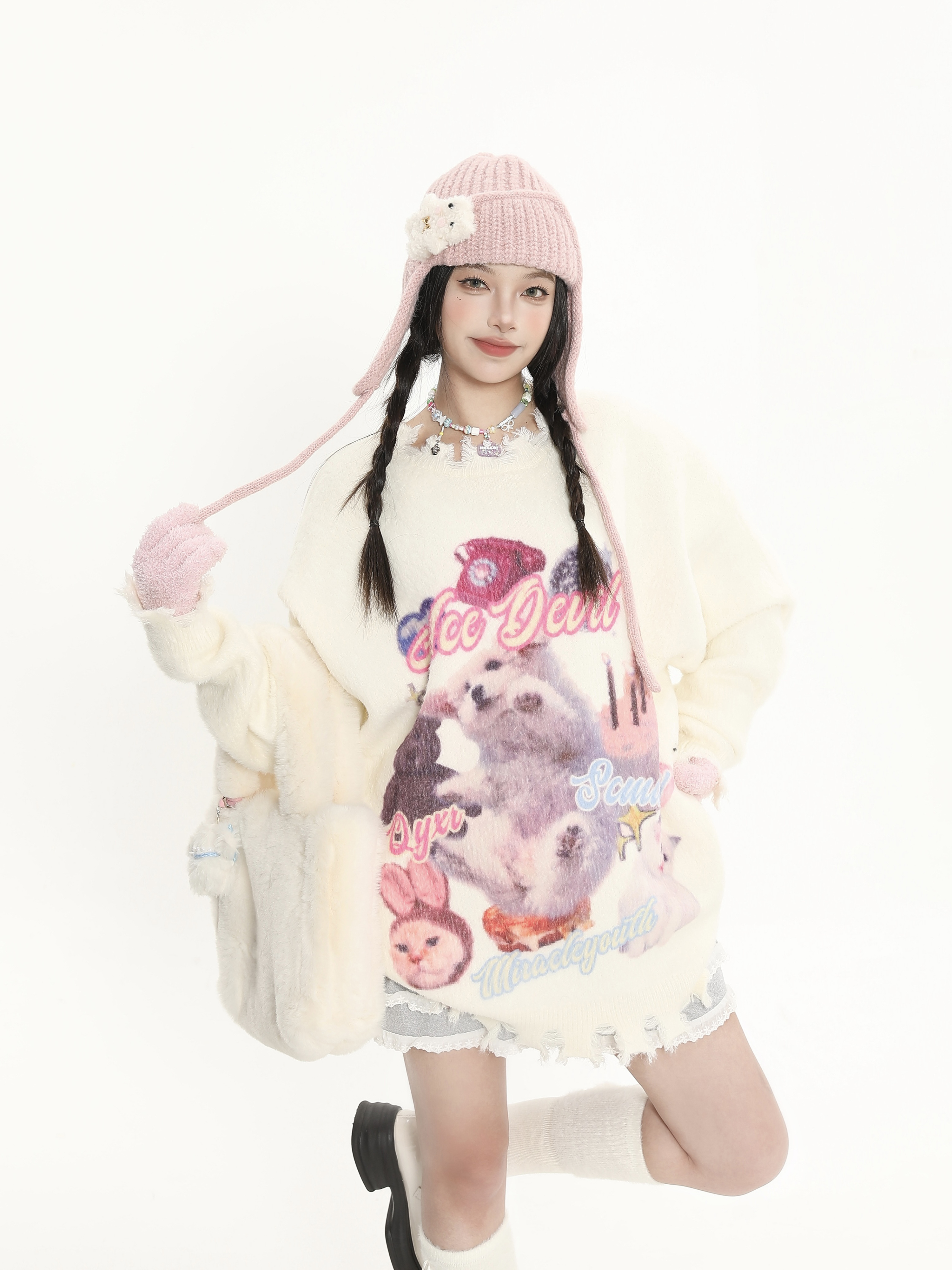 Cute Cartoon Print Knitted Top for Cats and Dogs, Loose Fit Soft Sweater for Women, Cozy Autumn Winter Fashion Cute Cartoon Print Knitted Top for Cats and Dogs, Loose Fit Soft Sweater for Women, Cozy Autumn Winter Fashion