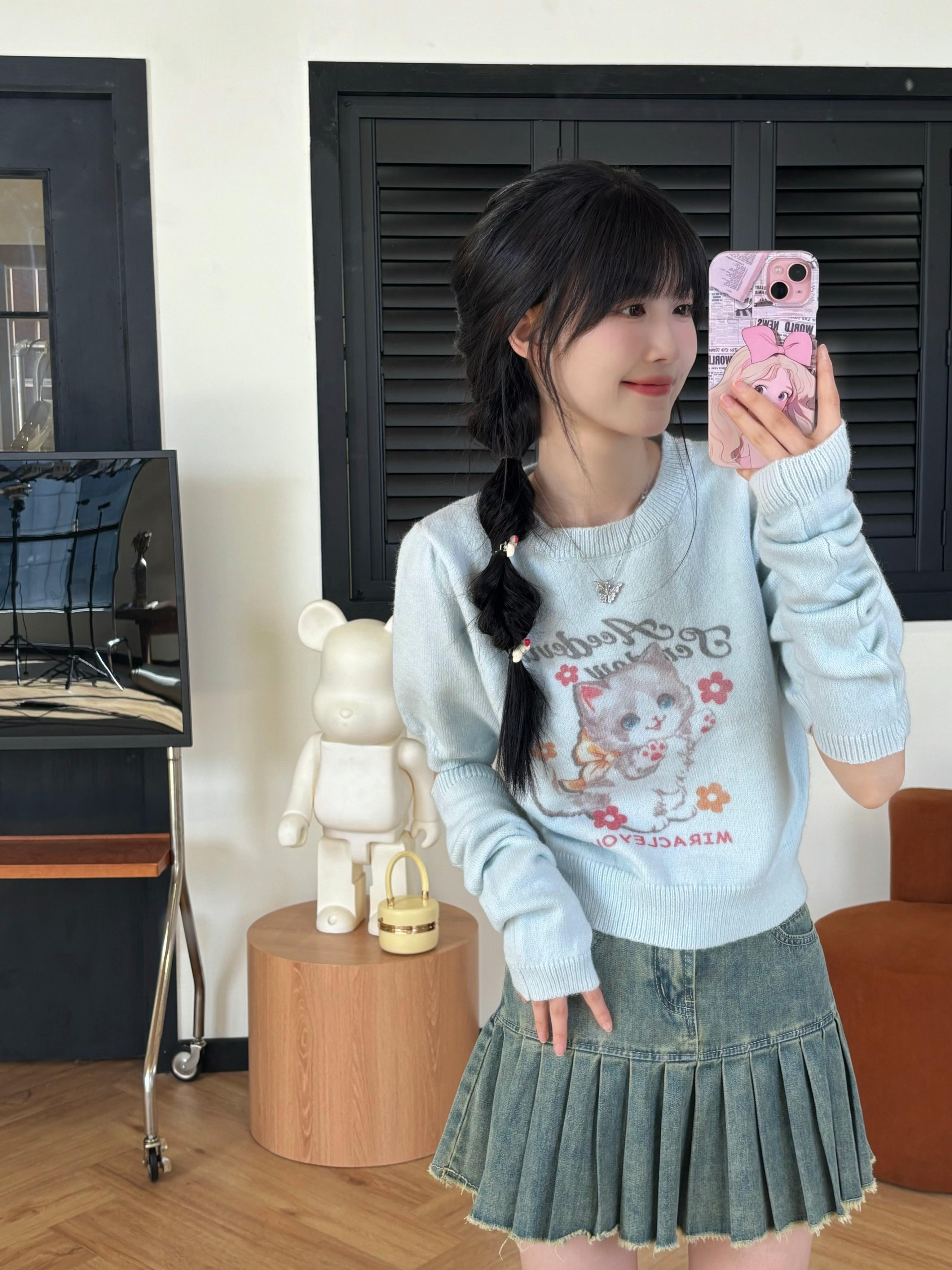 Cute Cat Print Short Sleeve Knitted Top for Women - Slimming Early Autumn Style, Youthful Sweet Girl Fashion Cute Cat Print Short Sleeve Knitted Top for Women - Slimming Early Autumn Style, Youthful Sweet Girl Fashion