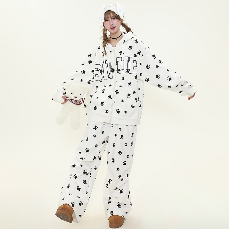 Cute Dog Paw Print Hoodie and Long Pants Two-Piece Set - Sweet Casual Outfit for Spring 2025, Perfect for Girls, Trendy Dog Lover Style