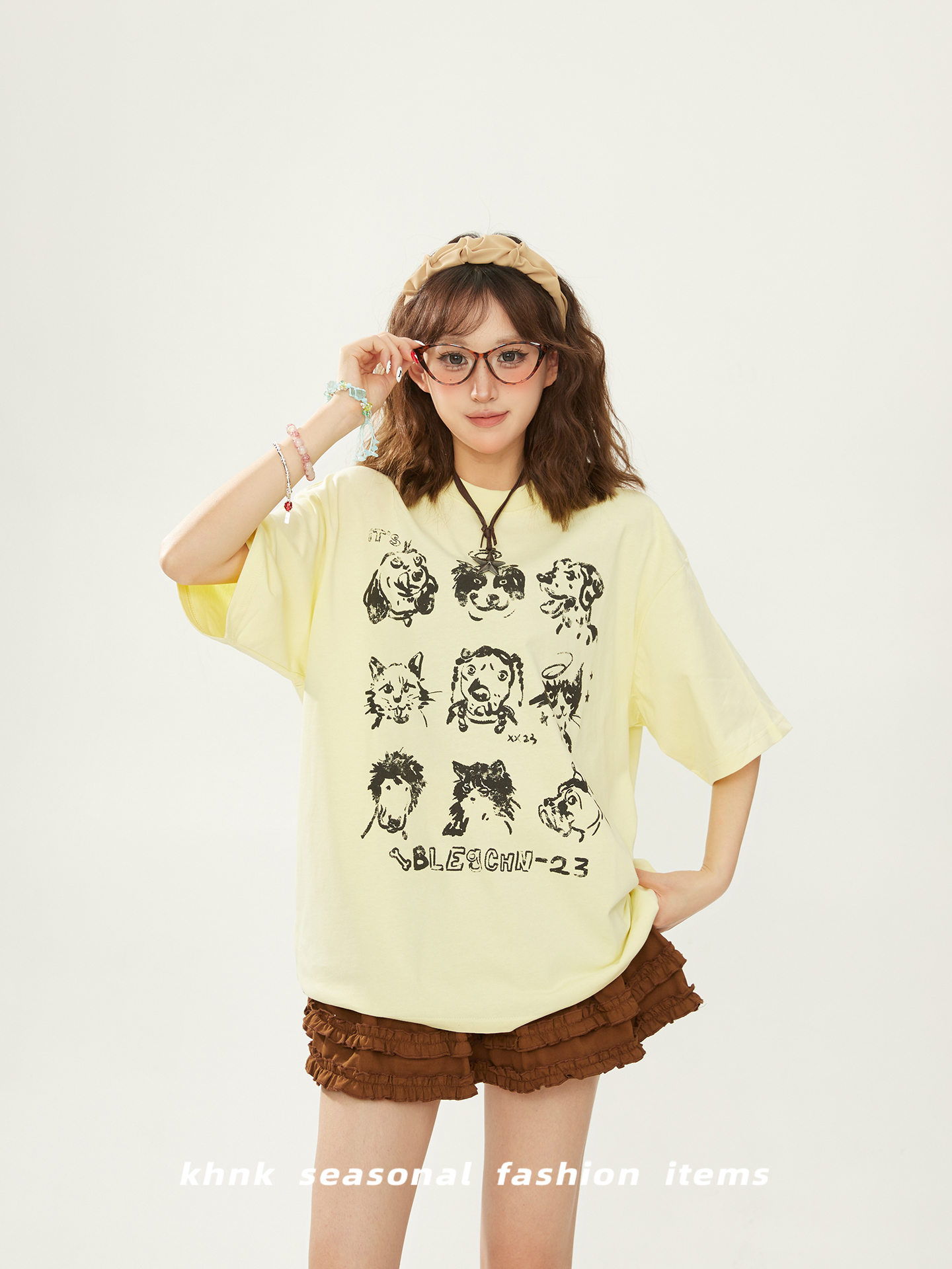 Cute Dog Print High Street T-Shirt for Women, Short Sleeve, Summer 2025 Loose Fit, Casual 90s Style Top