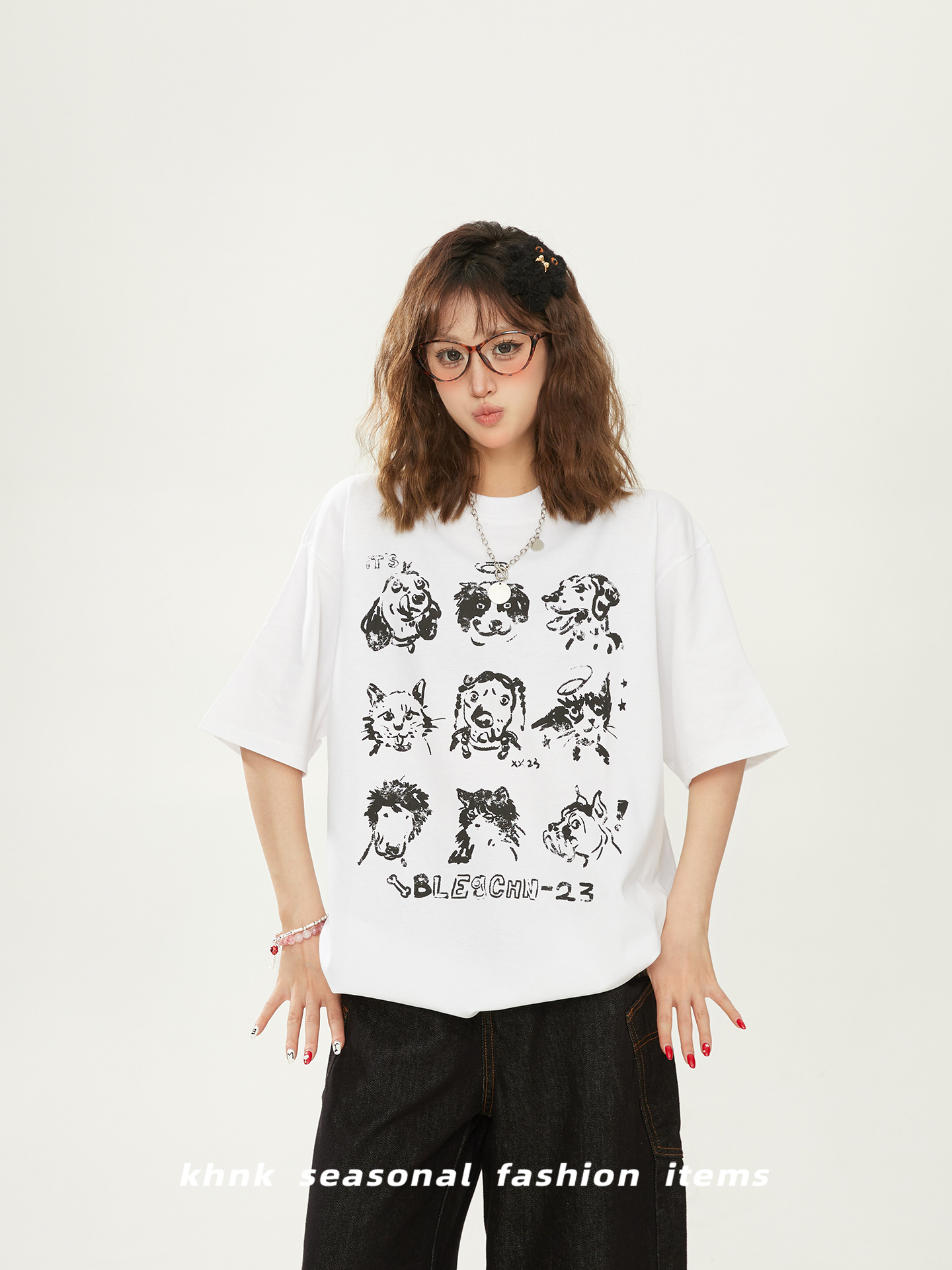 Cute Dog Print High Street T-Shirt for Women, Short Sleeve, Summer 2025 Loose Fit, Casual 90s Style Top Cute Dog Print High Street T-Shirt for Women, Short Sleeve, Summer 2025 Loose Fit, Casual 90s Style Top