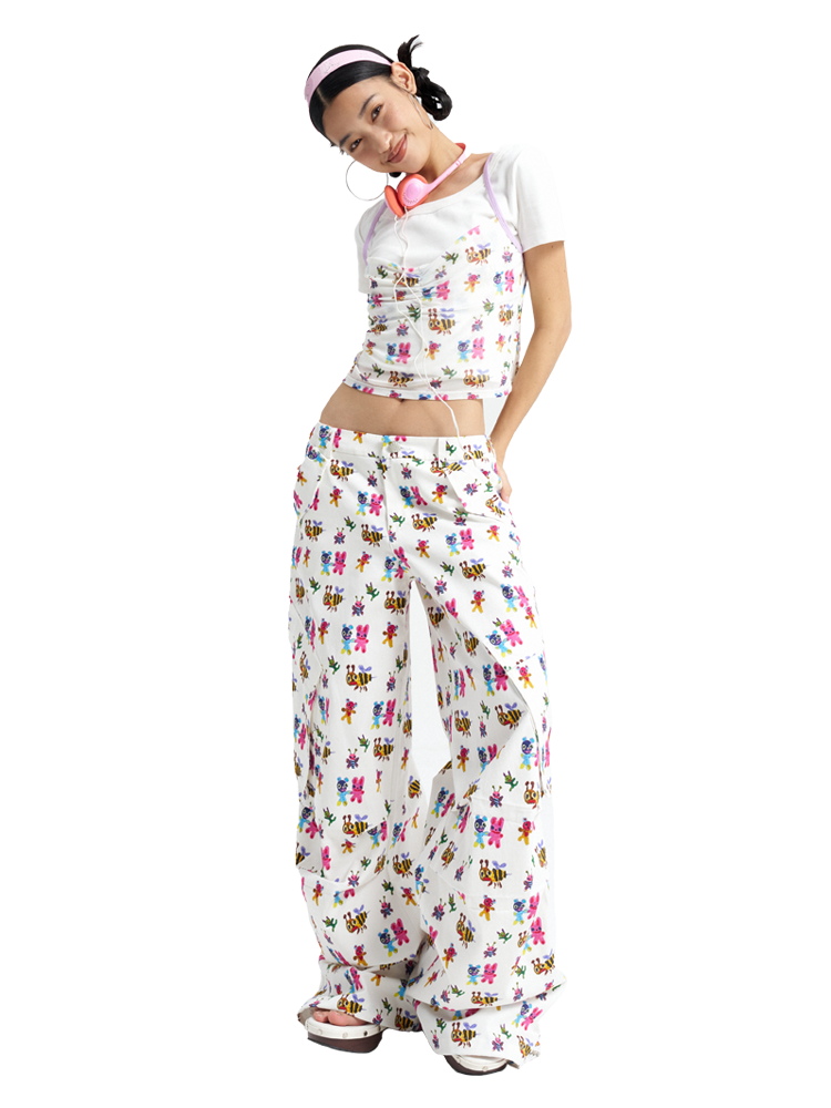 Cute Printed Casual Straight-Leg Bee Graphic Work Pants - Trendy Y2K Style Workwear for Everyday Comfort and Fashion