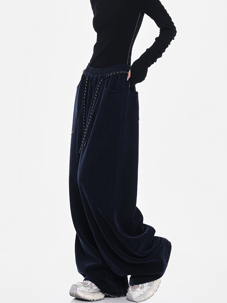 Dark Blue Chenille Wide Leg Casual Pants with Drawstring - Thickened Straight Leg Design for Autumn/Winter 90s Style Dark Blue Chenille Wide Leg Casual Pants with Drawstring - Thickened Straight Leg Design for Autumn/Winter 90s Style