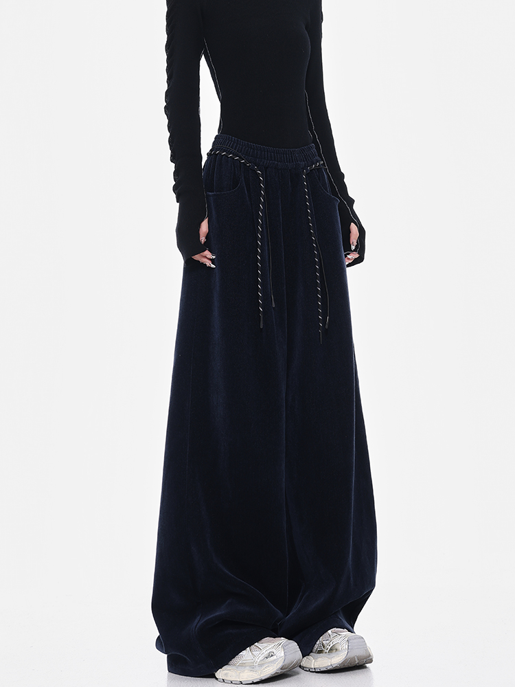 Dark Blue Chenille Wide Leg Casual Pants with Drawstring - Thickened Straight Leg Design for Autumn/Winter 90s Style