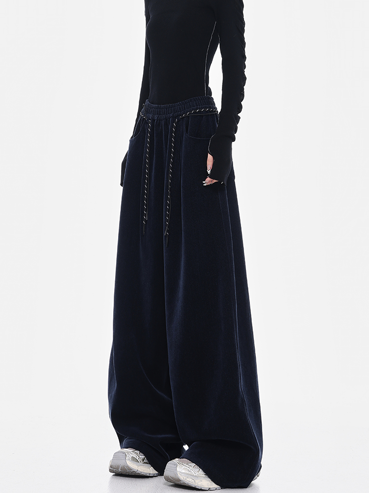 Dark Blue Chenille Wide Leg Casual Pants with Drawstring - Thickened Straight Leg Design for Autumn/Winter 90s Style Dark Blue Chenille Wide Leg Casual Pants with Drawstring - Thickened Straight Leg Design for Autumn/Winter 90s Style