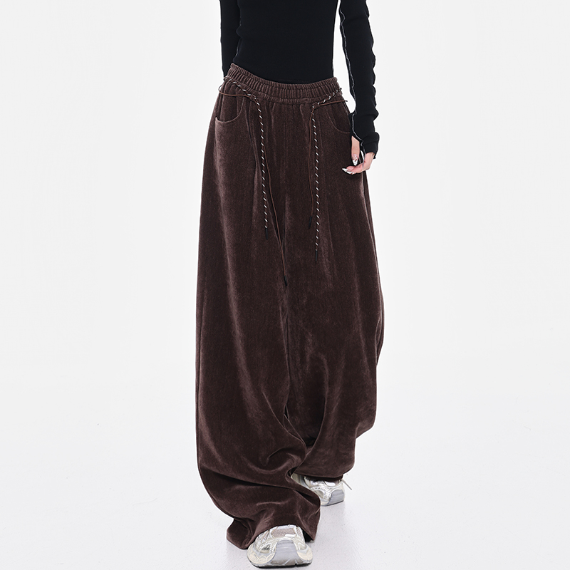 Dark Blue Chenille Wide Leg Casual Pants with Drawstring - Thickened Straight Leg Design for Autumn/Winter 90s Style Dark Blue Chenille Wide Leg Casual Pants with Drawstring - Thickened Straight Leg Design for Autumn/Winter 90s Style