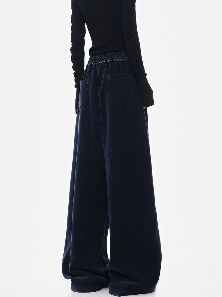 Dark Blue Chenille Wide Leg Casual Pants with Drawstring - Thickened Straight Leg Design for Autumn/Winter 90s Style Dark Blue Chenille Wide Leg Casual Pants with Drawstring - Thickened Straight Leg Design for Autumn/Winter 90s Style