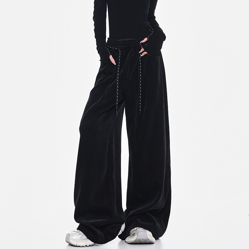 Dark Blue Chenille Wide Leg Casual Pants with Drawstring - Thickened Straight Leg Design for Autumn/Winter 90s Style Dark Blue Chenille Wide Leg Casual Pants with Drawstring - Thickened Straight Leg Design for Autumn/Winter 90s Style