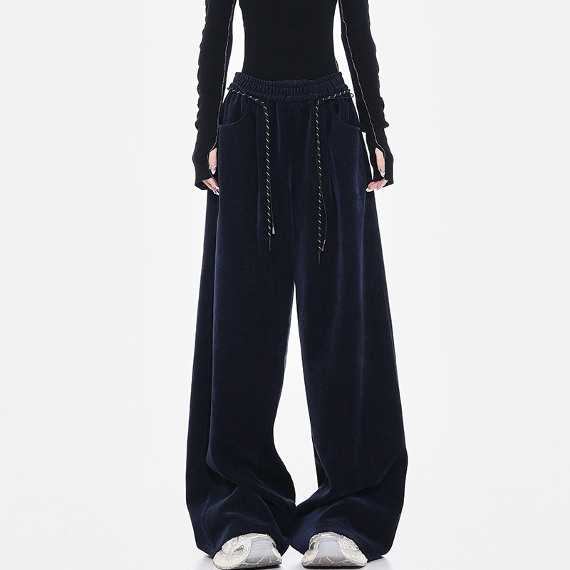 Dark Blue Chenille Wide Leg Casual Pants with Drawstring - Thickened Straight Leg Design for Autumn/Winter 90s Style