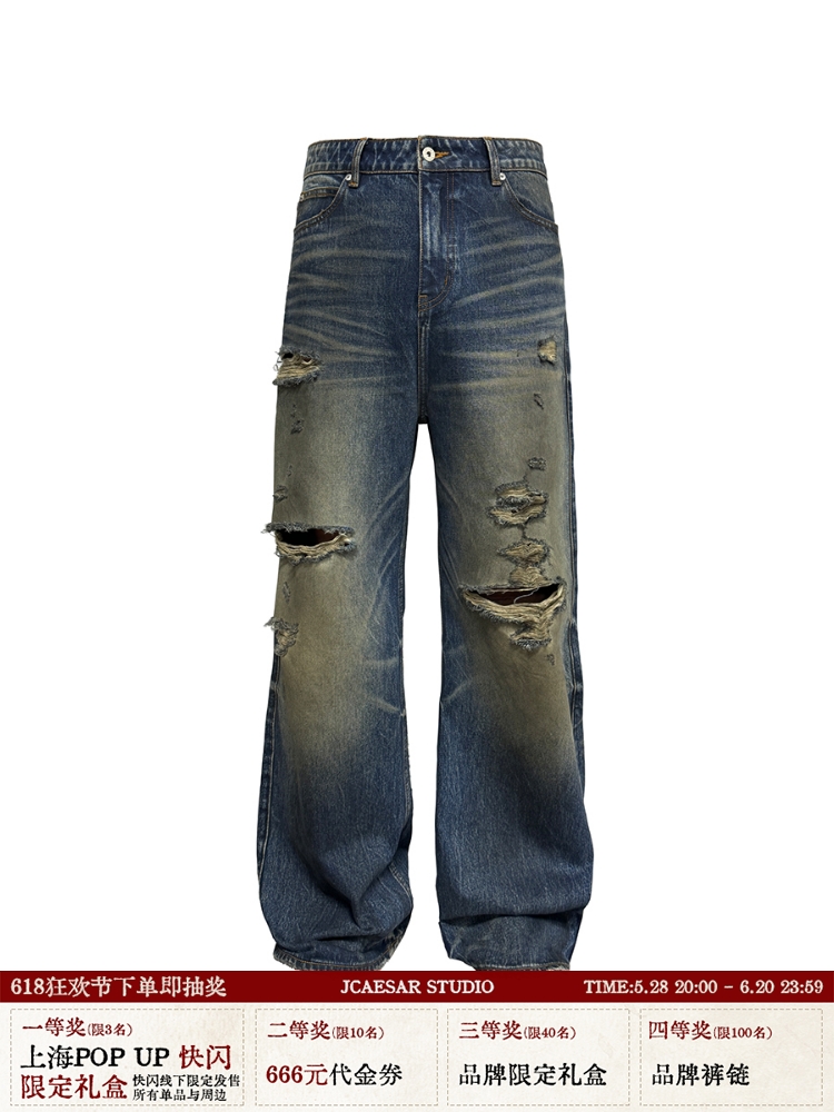 Dark Blue Distressed Jeans with Natural Cat Whiskers | Vintage Aged Denim | 90s Inspired Fashion