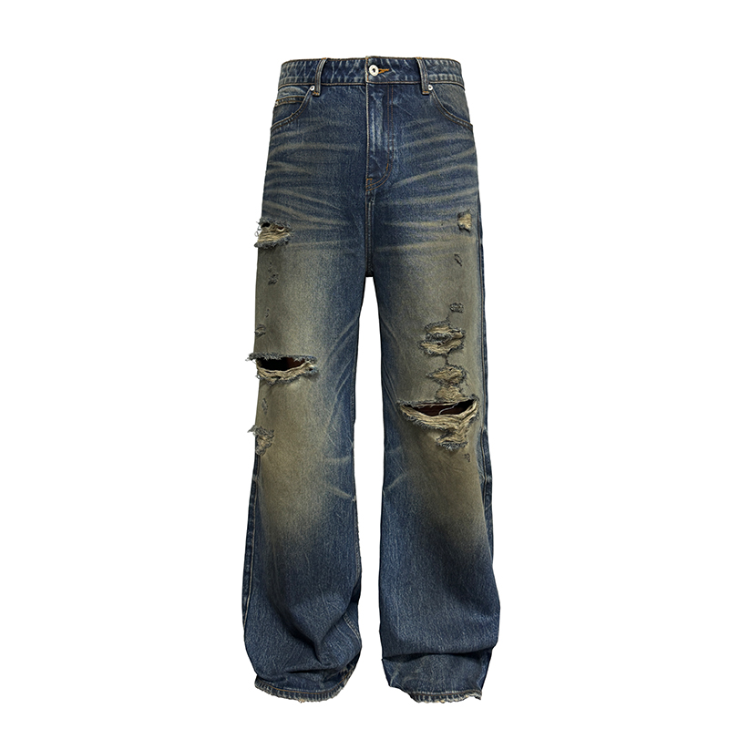 Dark Blue Distressed Jeans with Natural Cat Whiskers | Vintage Aged Denim | 90s Inspired Fashion