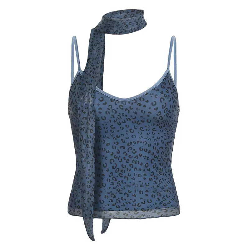 Dark Blue Leopard Print Jazz Dance Vest with Black Drawstring Pants for Women - Stylish Dancewear for Jazz and Performance