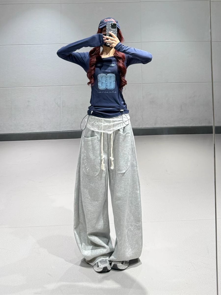 Dark Blue Letter Lace Trim Long Sleeve T-Shirt for Women - Autumn Winter Jazz Dance Top in Trendy Ins Style