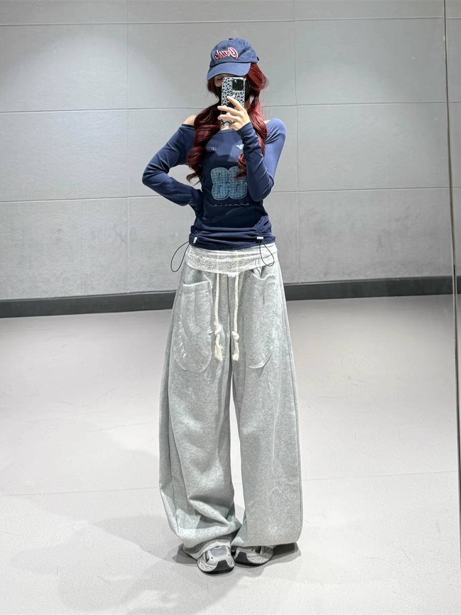 Dark Blue Letter Lace Trim Long Sleeve T-Shirt for Women - Autumn Winter Jazz Dance Top in Trendy Ins Style Dark Blue Letter Lace Trim Long Sleeve T-Shirt for Women - Autumn Winter Jazz Dance Top in Trendy Ins Style