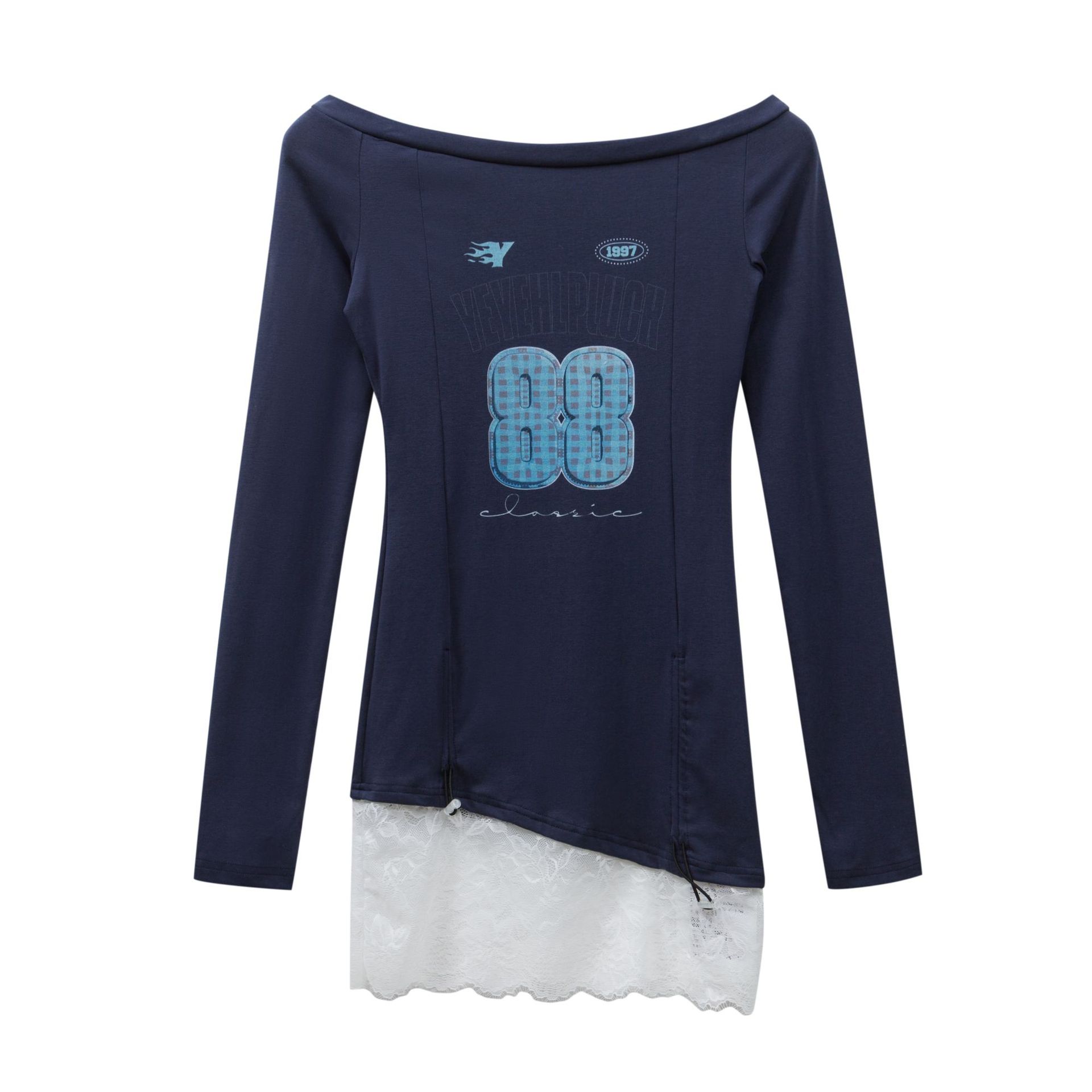 Dark Blue Letter Lace Trim Long Sleeve T-Shirt for Women - Autumn Winter Jazz Dance Top in Trendy Ins Style