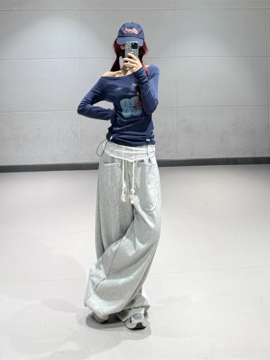 Dark Blue Letter Lace Trim Long Sleeve T-Shirt for Women - Autumn Winter Jazz Dance Top in Trendy Ins Style Dark Blue Letter Lace Trim Long Sleeve T-Shirt for Women - Autumn Winter Jazz Dance Top in Trendy Ins Style