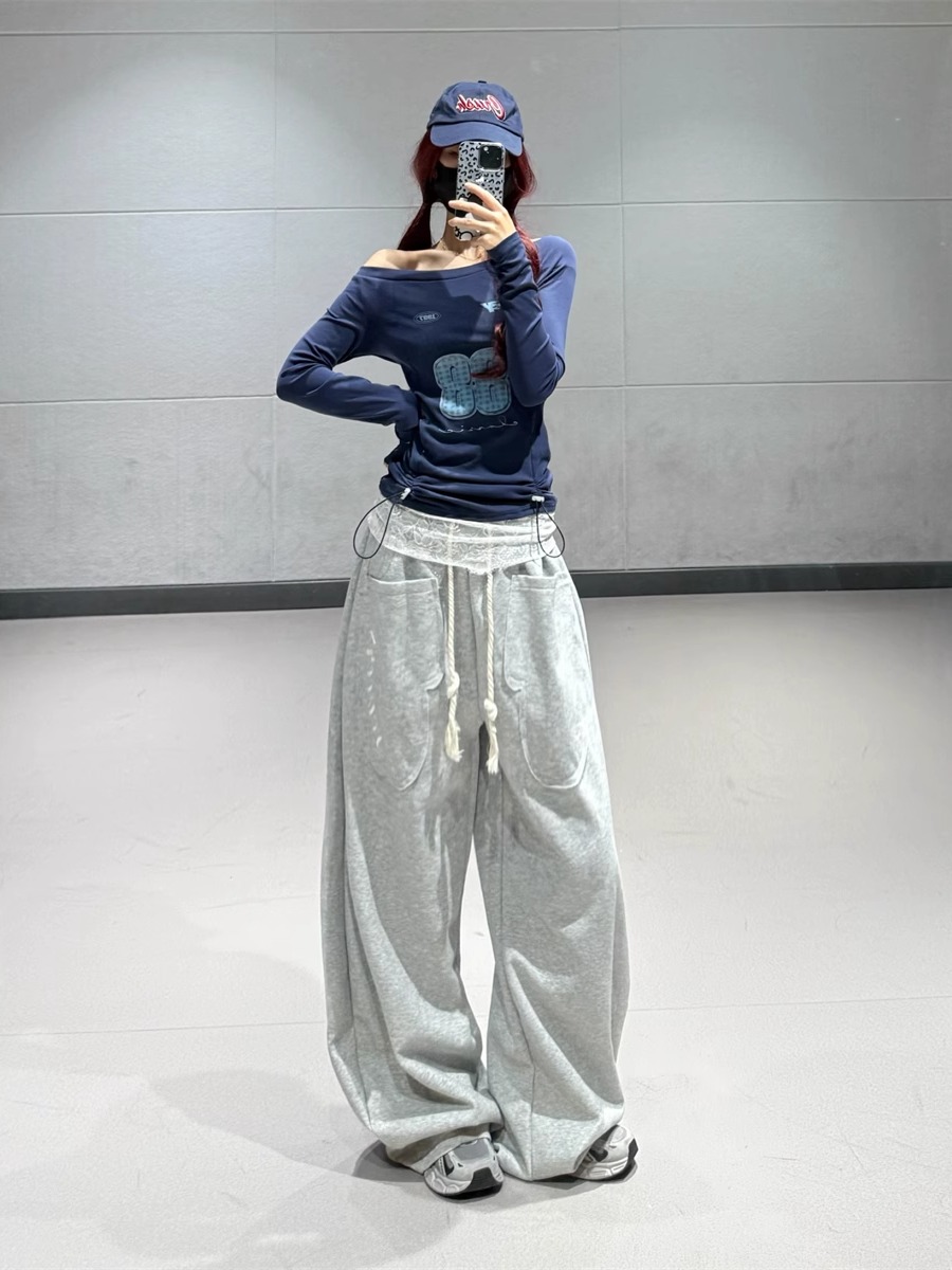 Dark Blue Letter Lace Trim Long Sleeve T-Shirt for Women - Autumn Winter Jazz Dance Top in Trendy Ins Style Dark Blue Letter Lace Trim Long Sleeve T-Shirt for Women - Autumn Winter Jazz Dance Top in Trendy Ins Style