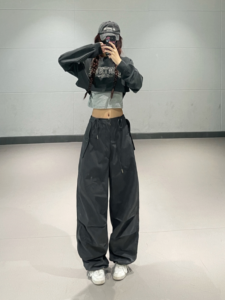 Dark Gray Letter Print Jazz Dance Sweatshirt and Vest Set - Early Autumn Two-Piece Outfit for Y2K and Street Style Fashion