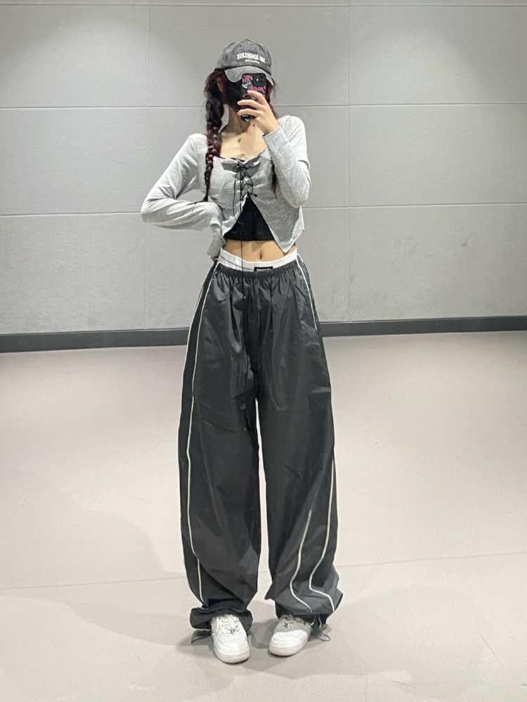 Dark Gray Quick-Dry Casual Pants for Women, Thin Elastic Waist, Loose Straight Leg, Perfect for Street Dance and Jazz Style Dark Gray Quick-Dry Casual Pants for Women, Thin Elastic Waist, Loose Straight Leg, Perfect for Street Dance and Jazz Style
