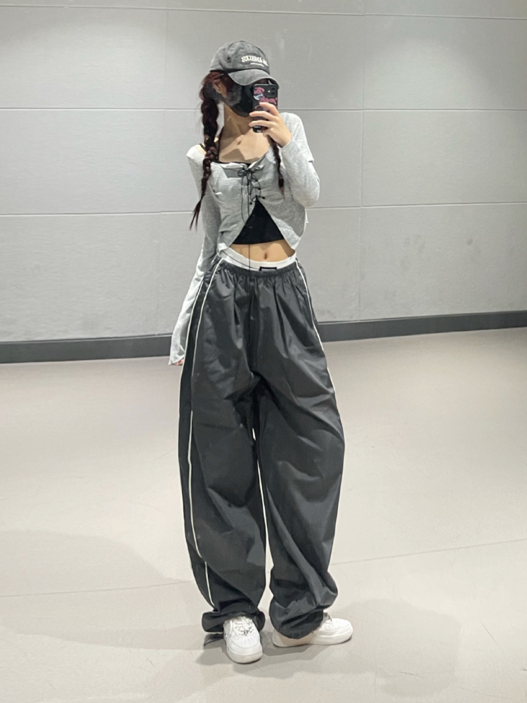 Dark Gray Quick-Dry Casual Pants for Women, Thin Elastic Waist, Loose Straight Leg, Perfect for Street Dance and Jazz Style