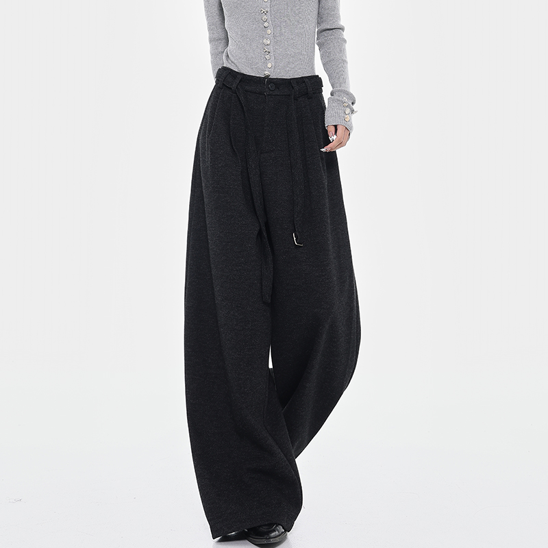 Dark Gray Thick Woolen Wide-Leg Trousers for Women - High-End Drape Suit Pants for Autumn and Winter Fashion
