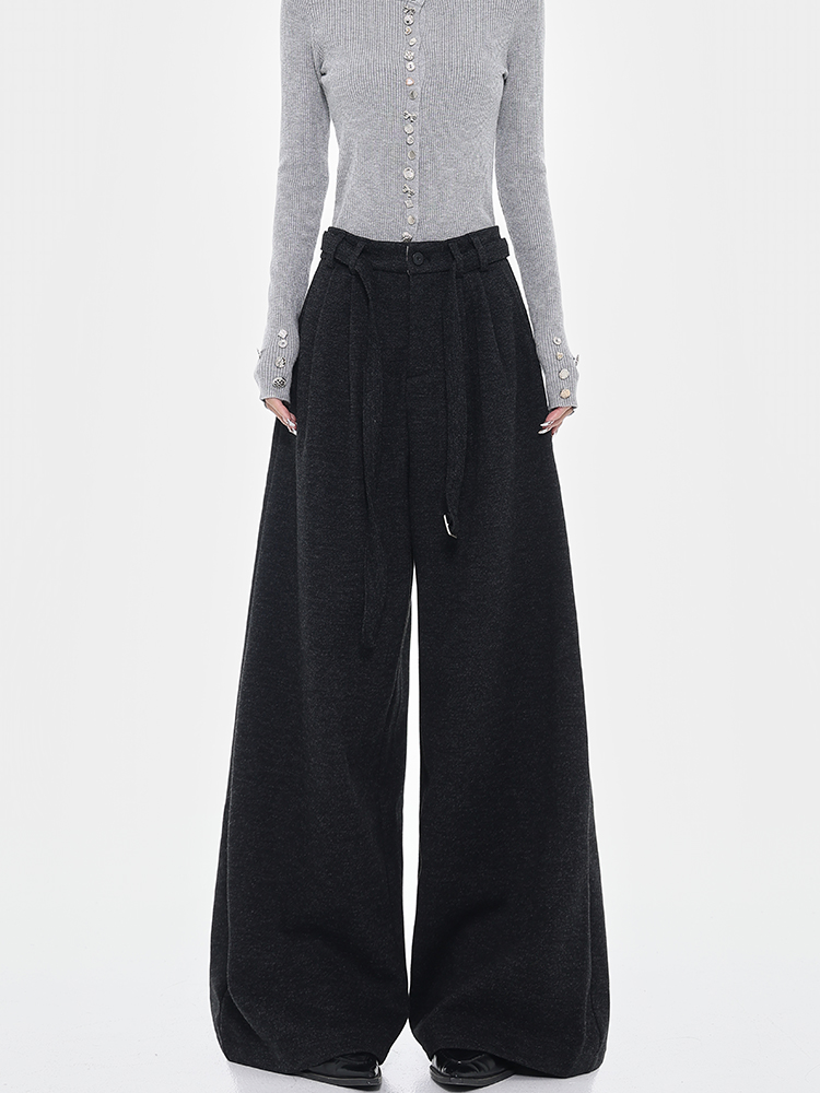 Dark Gray Thick Woolen Wide-Leg Trousers for Women - High-End Drape Suit Pants for Autumn and Winter Fashion
