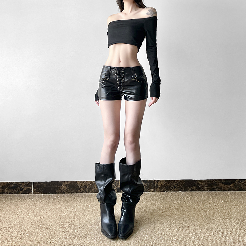 Dark Punk Style Metal Studded Leather Shorts - Autumn Trendy Low-Waist Lace-Up PU Ultra-Shorts for Hot Girls Dark Punk Style Metal Studded Leather Shorts - Autumn Trendy Low-Waist Lace-Up PU Ultra-Shorts for Hot Girls