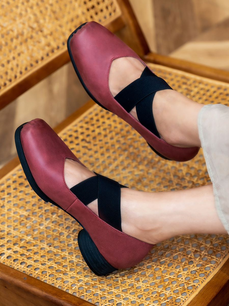 Dark Red Handmade Ballet Shoes for Women - Vintage 3cm Lace-Up Square Toe - 2025 Spring Fashion