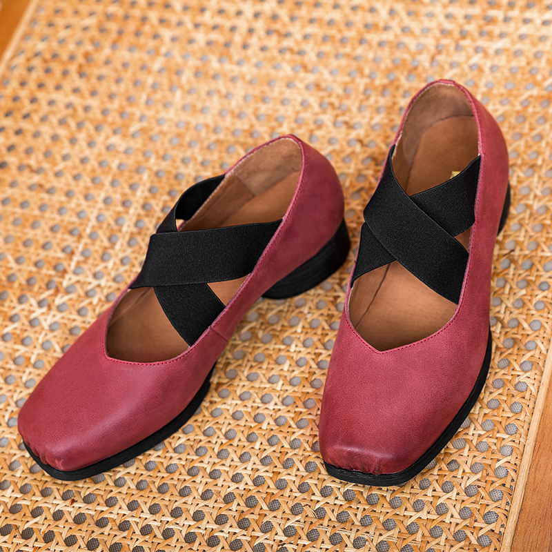Dark Red Handmade Ballet Shoes for Women - Vintage 3cm Lace-Up Square Toe - 2025 Spring Fashion