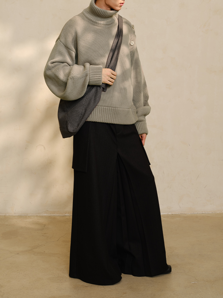 Dark Striped Wool Texture Pleated A-Line Cargo Skirt Pants with Side Pockets - Workwear Fashion, Versatile Style Dark Striped Wool Texture Pleated A-Line Cargo Skirt Pants with Side Pockets - Workwear Fashion, Versatile Style