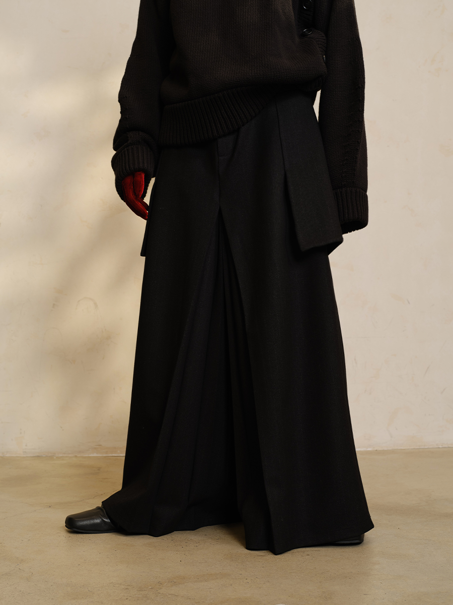 Dark Striped Wool Texture Pleated A-Line Cargo Skirt Pants with Side Pockets - Workwear Fashion, Versatile Style Dark Striped Wool Texture Pleated A-Line Cargo Skirt Pants with Side Pockets - Workwear Fashion, Versatile Style