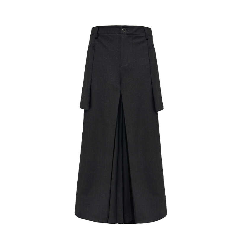 Dark Striped Wool Texture Pleated A-Line Cargo Skirt Pants with Side Pockets - Workwear Fashion, Versatile Style