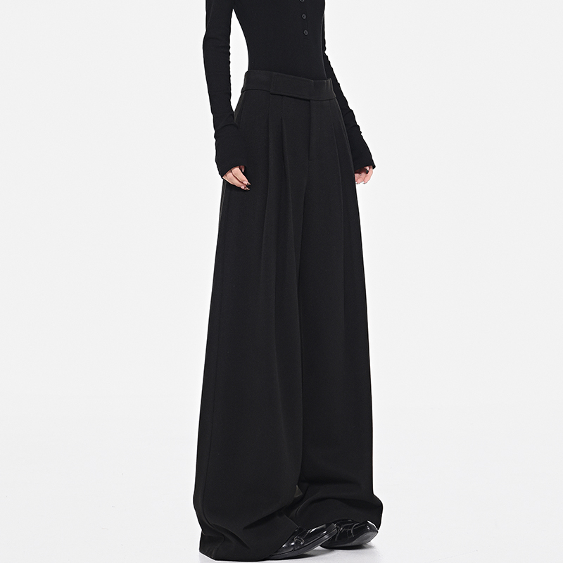 Dark Style Velcro Design Wide-Leg Casual Suit Pants for Women - Autumn/Winter Thick Black Trousers, Y2K Fashion Trend