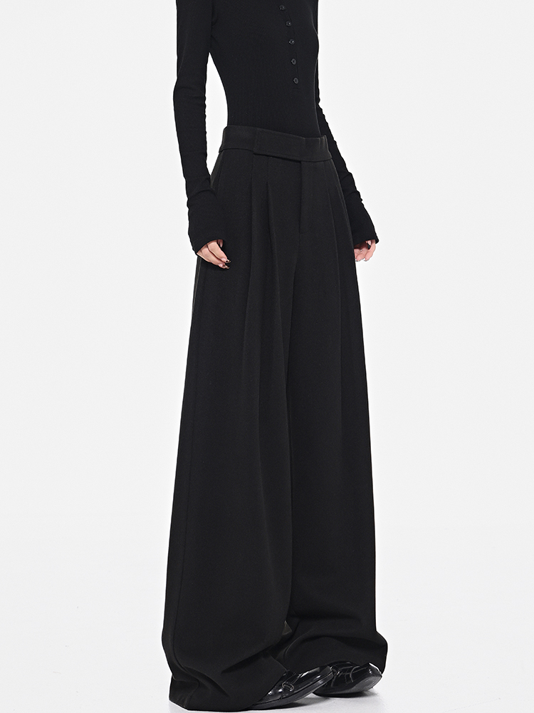 Dark Style Velcro Design Wide-Leg Casual Suit Pants for Women - Autumn/Winter Thick Black Trousers, Y2K Fashion Trend