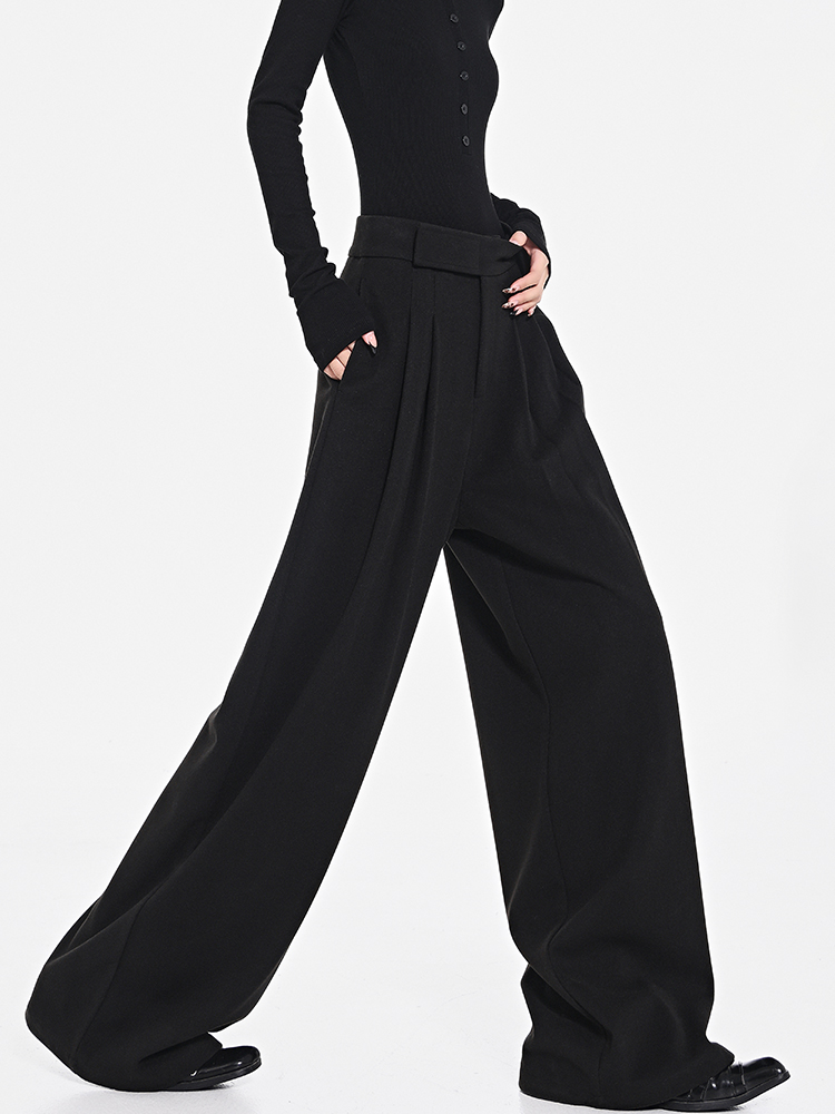 Dark Style Velcro Design Wide-Leg Casual Suit Pants for Women - Autumn/Winter Thick Black Trousers, Y2K Fashion Trend Dark Style Velcro Design Wide-Leg Casual Suit Pants for Women - Autumn/Winter Thick Black Trousers, Y2K Fashion Trend