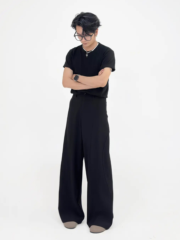 Deconstructed Design Wide-Leg Loose Floor-Length Pants for Men - Casual Diagonal Split Style, Trendy 90s Inspired Fashion Deconstructed Design Wide-Leg Loose Floor-Length Pants for Men - Casual Diagonal Split Style, Trendy 90s Inspired Fashion