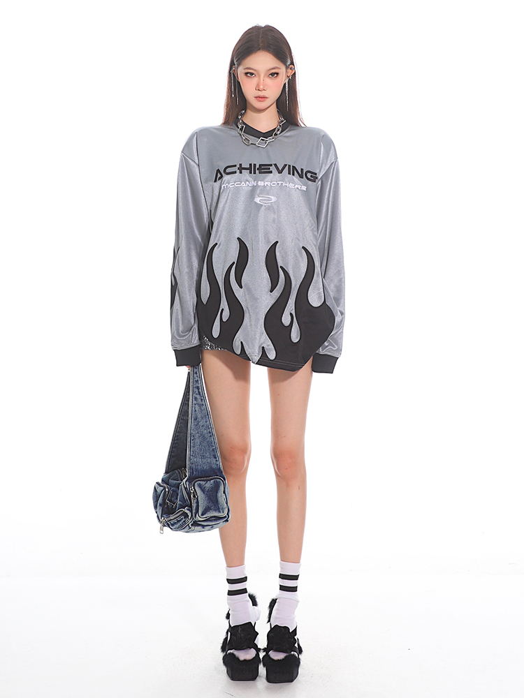 Deconstructed Liquid Gloss Color-Block Loose Long Sleeve T-Shirt - 2025 Early Spring Collection, Trendy 90s Y2K Style Top
