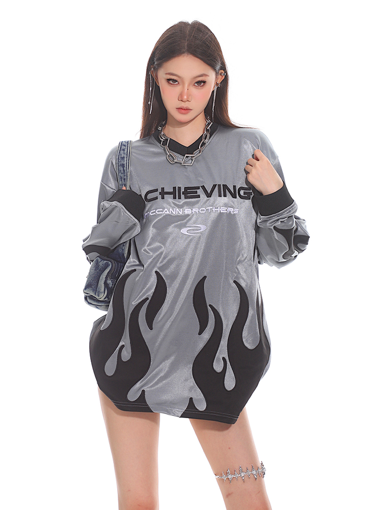 Deconstructed Liquid Gloss Color-Block Loose Long Sleeve T-Shirt - 2025 Early Spring Collection, Trendy 90s Y2K Style Top Deconstructed Liquid Gloss Color-Block Loose Long Sleeve T-Shirt - 2025 Early Spring Collection, Trendy 90s Y2K Style Top