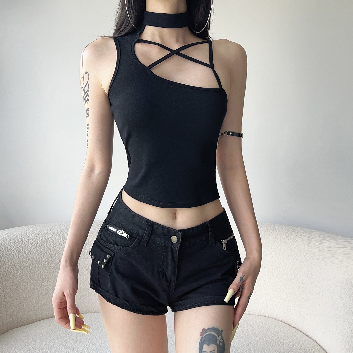 Deconstructed Punk Rock Vest with Straps - Dark Street Style Backless Crop Top