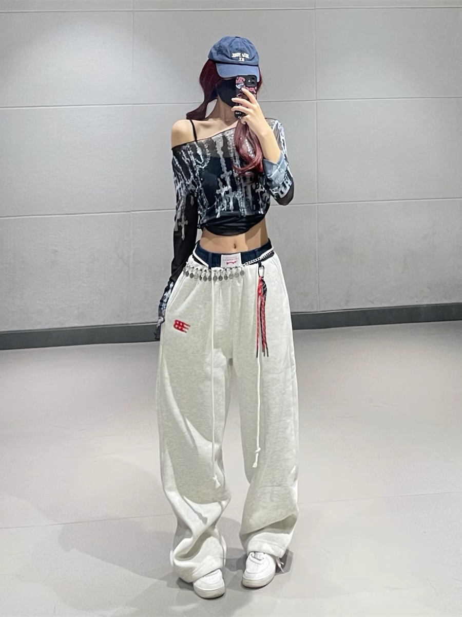 Deep Blue Tie-Dye Mesh Top with Color-Blocked Straight-Leg Sweatpants - Trendy Jazz Dance Outfit for Women Deep Blue Tie-Dye Mesh Top with Color-Blocked Straight-Leg Sweatpants - Trendy Jazz Dance Outfit for Women