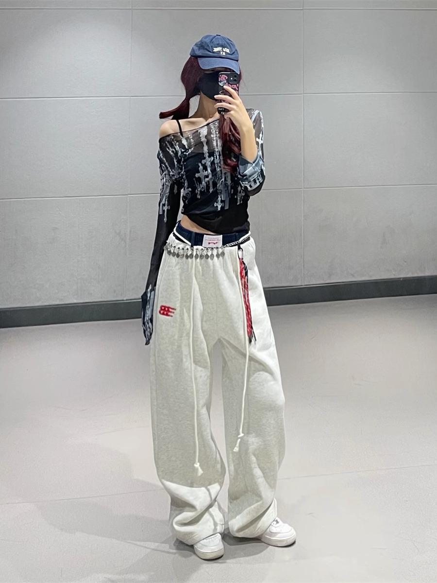 Deep Blue Tie-Dye Mesh Top with Color-Blocked Straight-Leg Sweatpants - Trendy Jazz Dance Outfit for Women